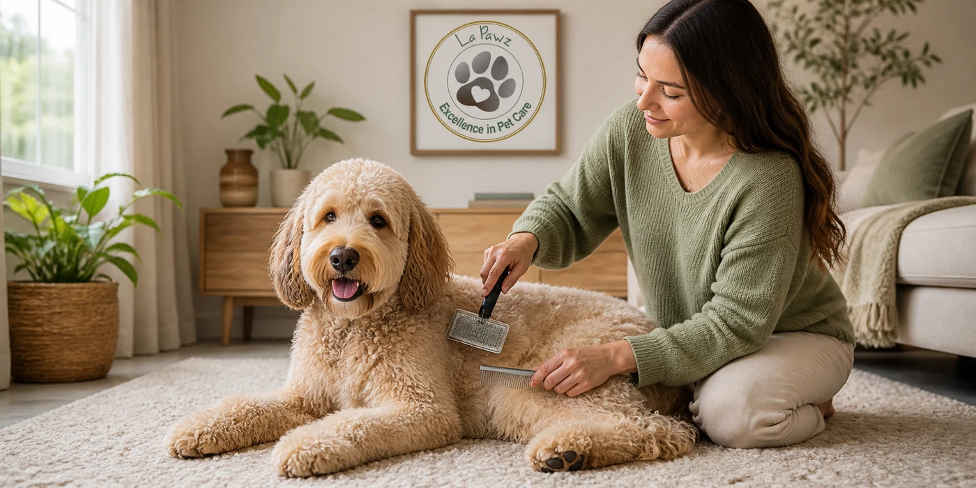 A pet parent gently brushing a relaxed fluffy dog at home beneath a La Pawz sign