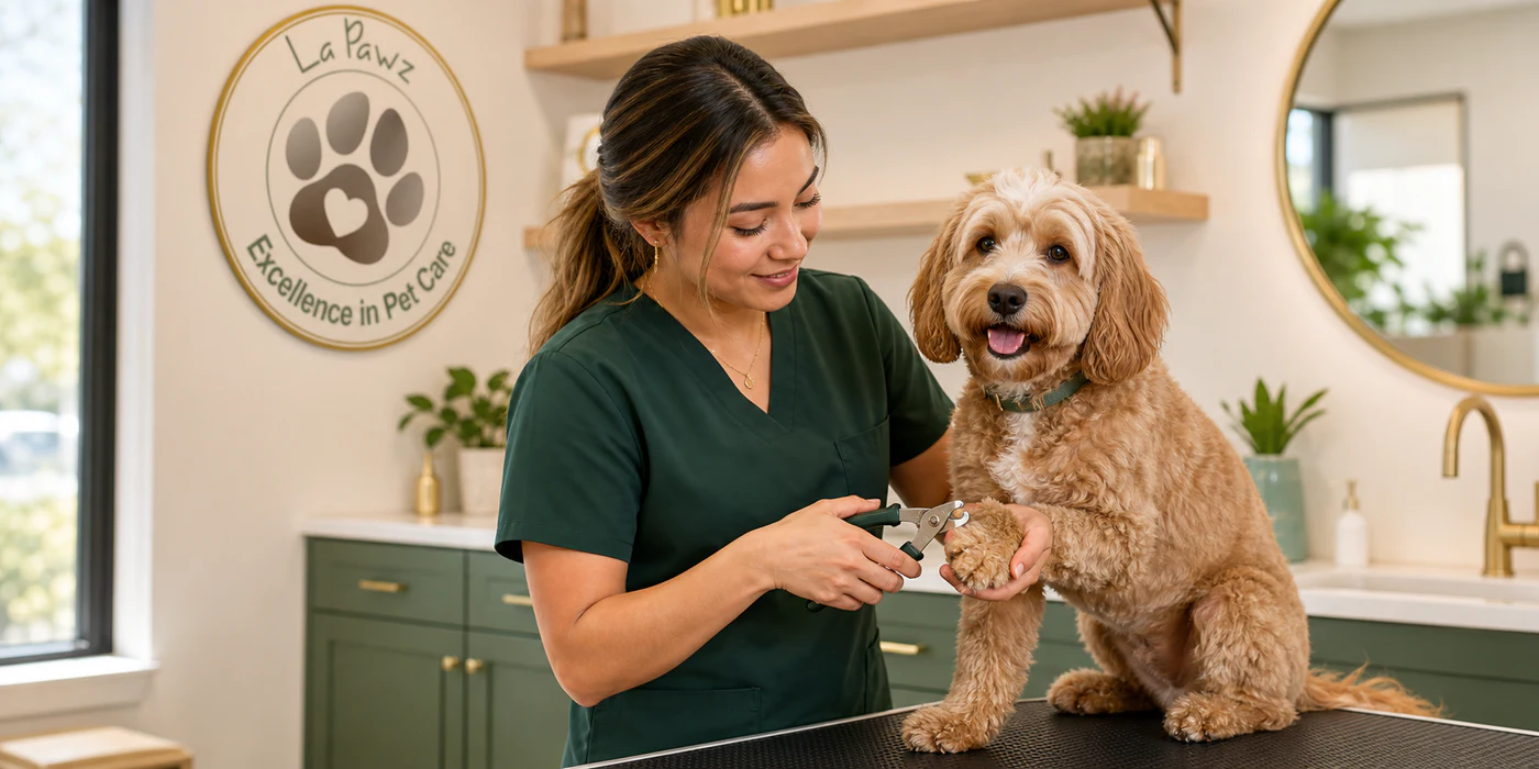 A relaxed dog receiving a gentle nail trim from a La Pawz Dog Care groomer