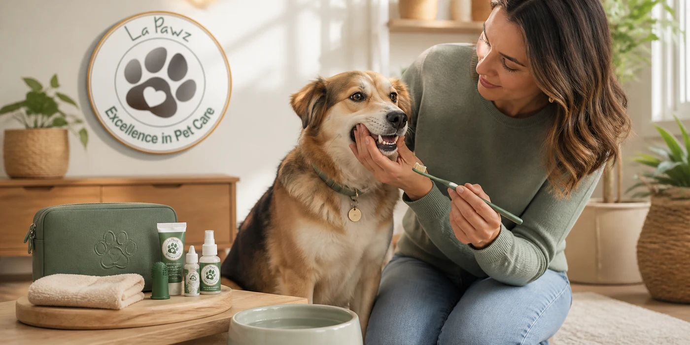 A pet parent gently checking a happy dog's teeth with a dog toothbrush at La Pawz