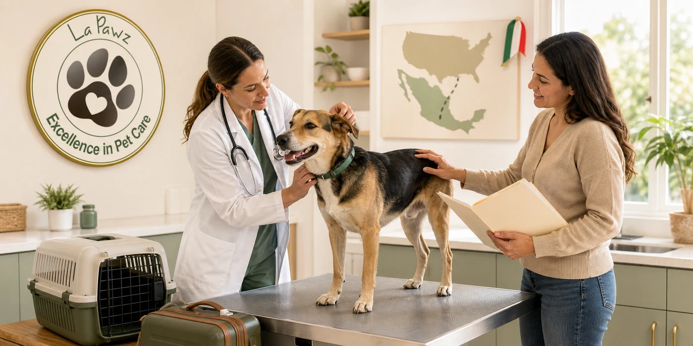 A veterinarian examines a calm dog beside travel gear and a Texas-to-Mexico route map at La Pawz