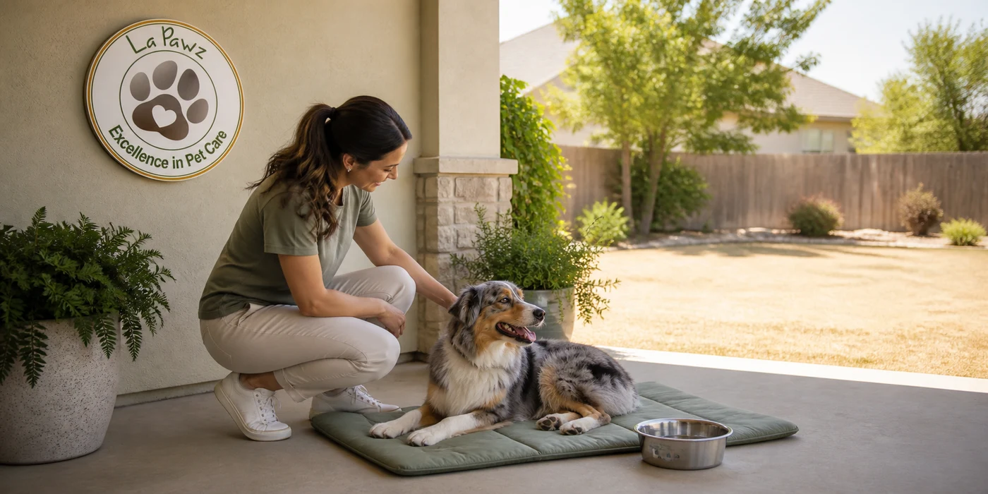 A dog resting safely in the shade on a cooling mat with fresh water during a Plano summer