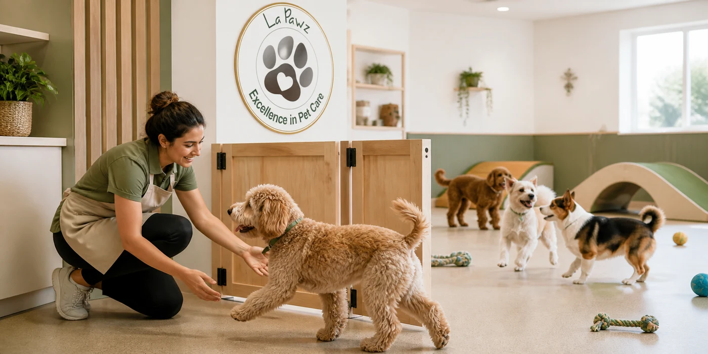 A young dog receiving a calm welcome on its first day at La Pawz dog daycare