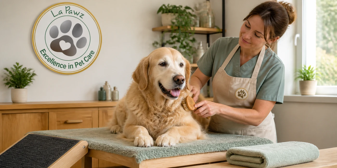 A senior dog receiving gentle brushing on a comfortable low table at La Pawz