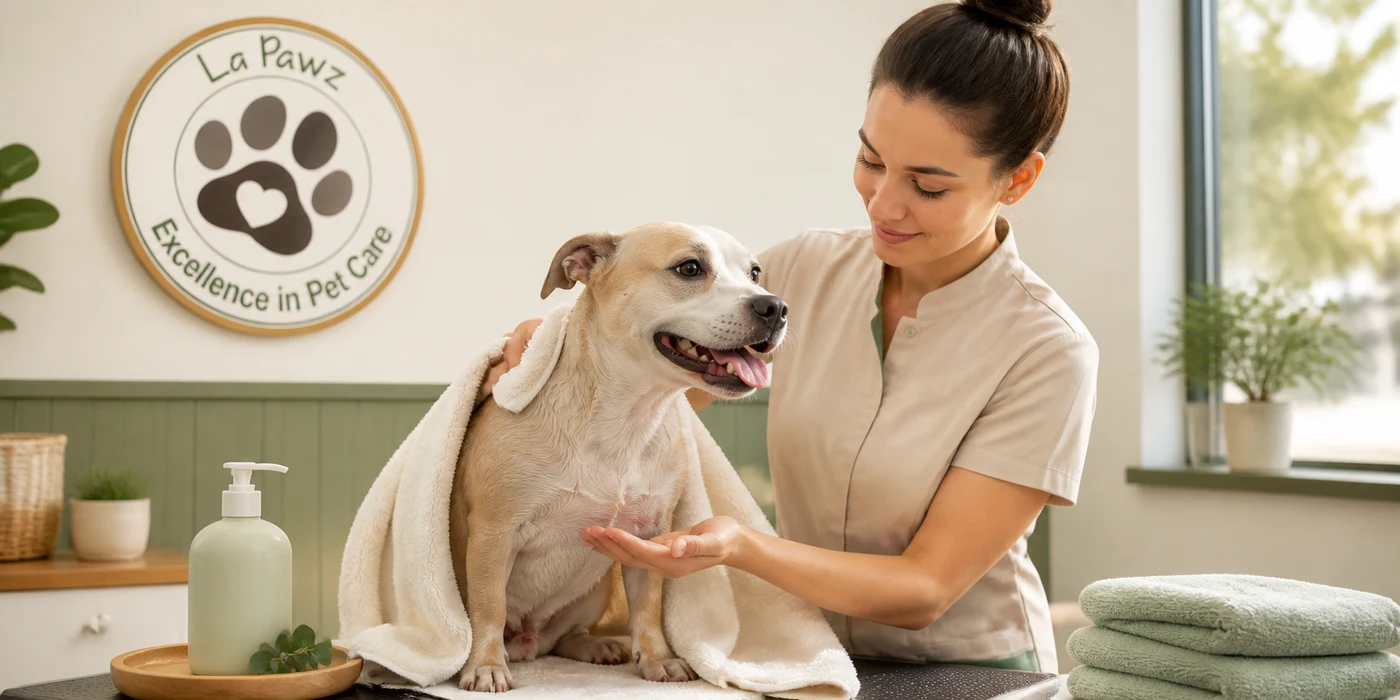 A groomer towels off a comfortable dog after a gentle bath for sensitive skin at La Pawz