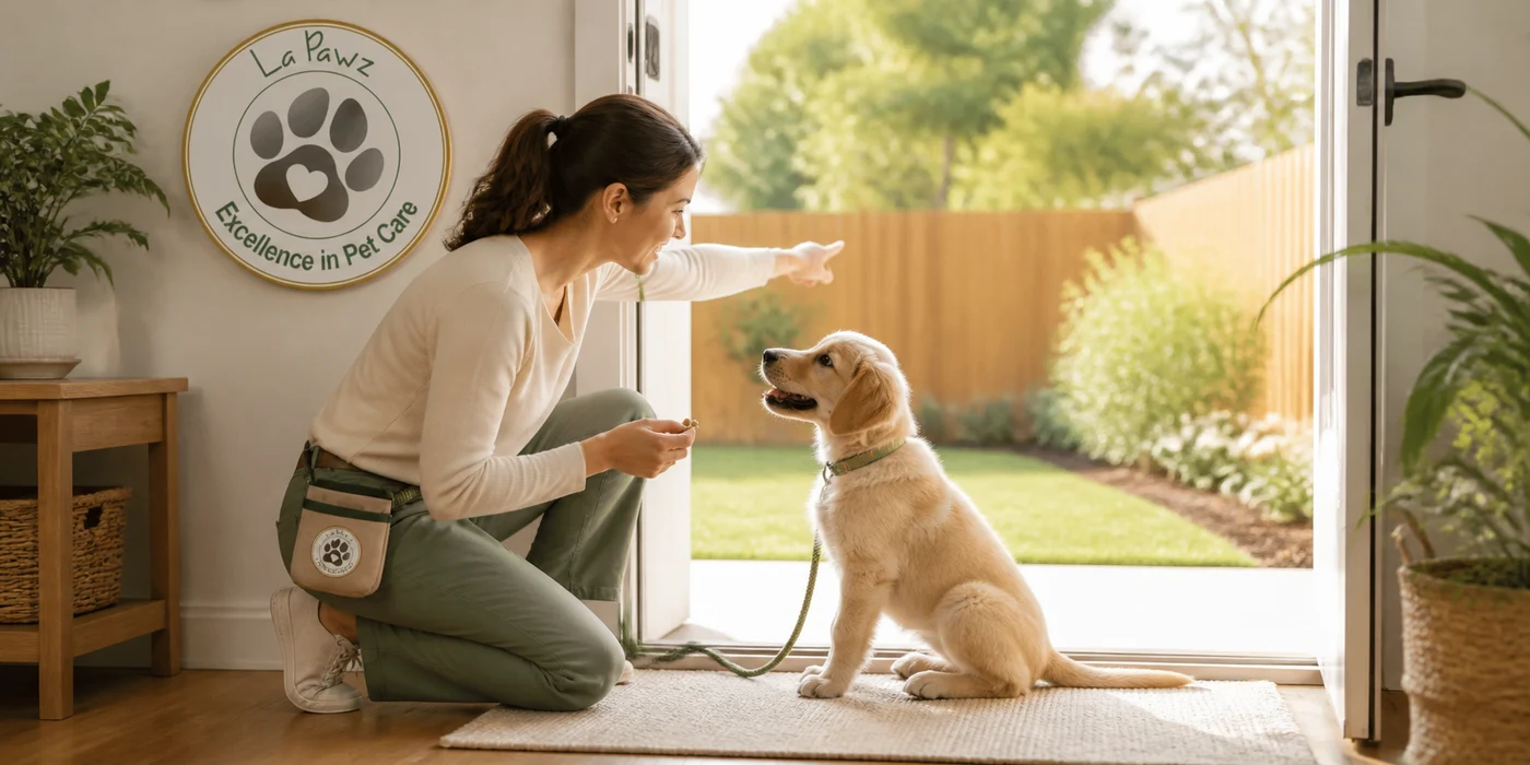 A pet parent rewards a puppy while guiding it through an open door for potty training