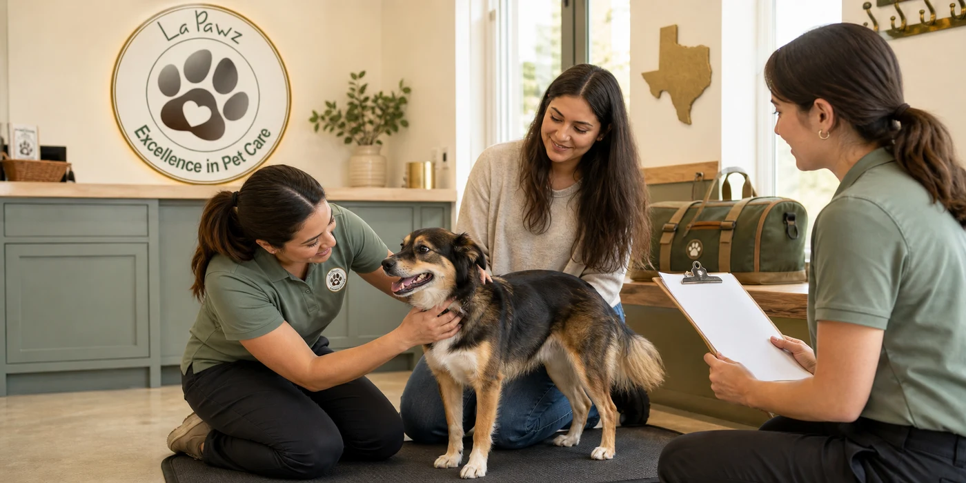 La Pawz staff calmly observe a healthy dog's visible coat, ears, and paws during grooming and boarding intake