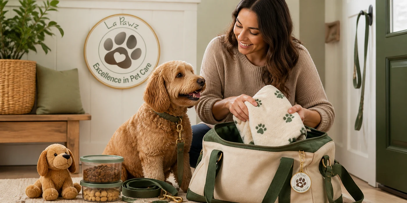 A pet parent packs a familiar blanket, toy, food, and leash for a dog's boarding stay