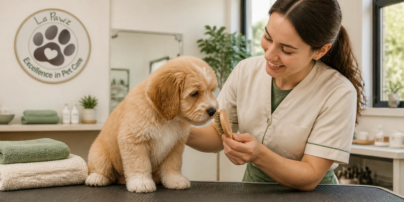 A relaxed puppy being gently introduced to brushing by a La Pawz Dog Care groomer