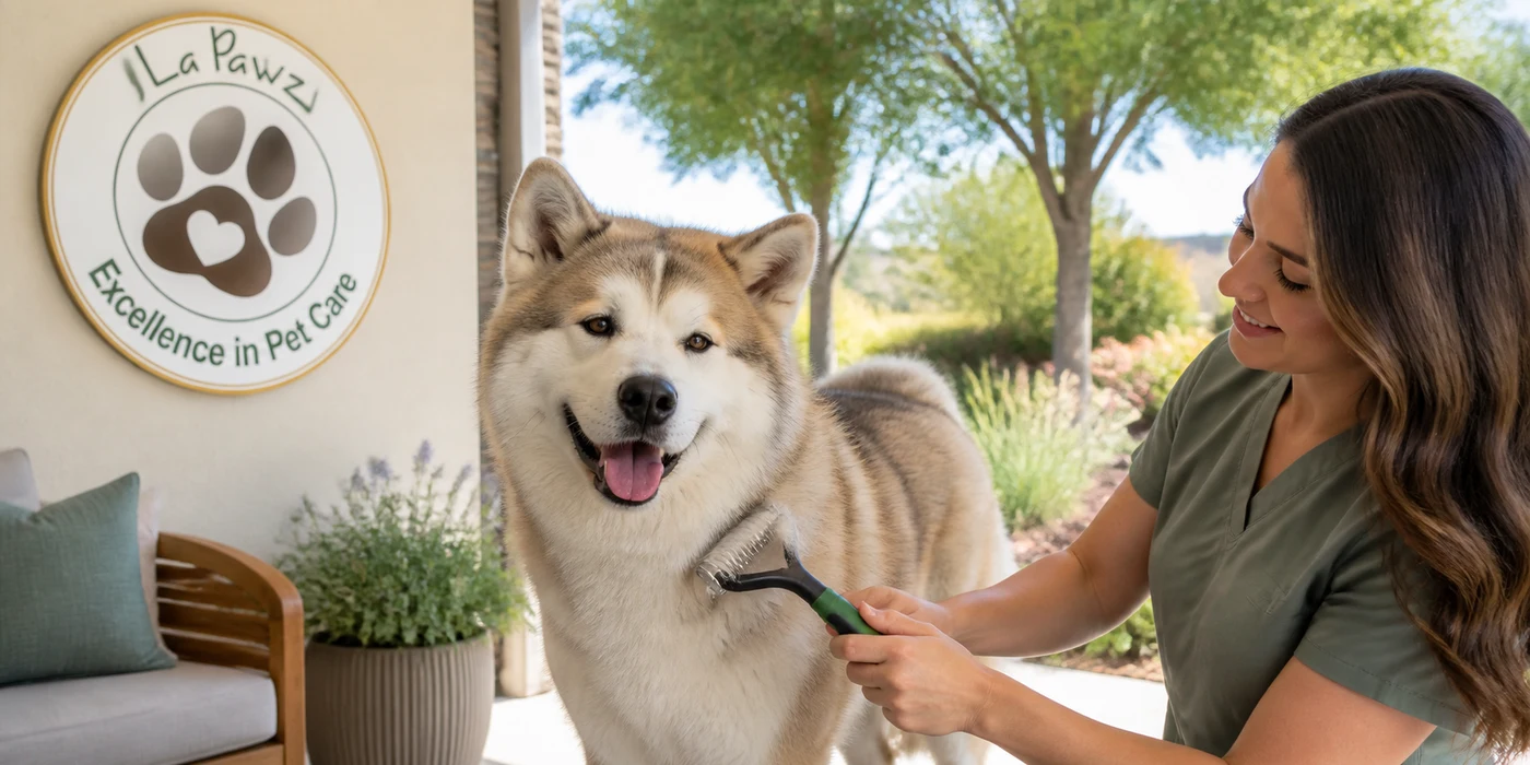 A happy double-coated dog being gently brushed on a shaded North Texas patio