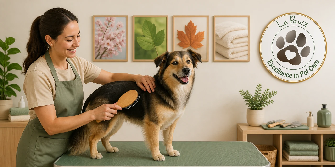 A La Pawz groomer brushes a healthy dog beneath visual accents representing all four seasons
